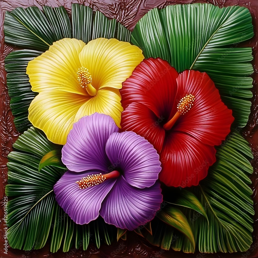 Obraz premium A vibrant depiction of hibiscus flowers in various colors surrounded by lush green leaves.