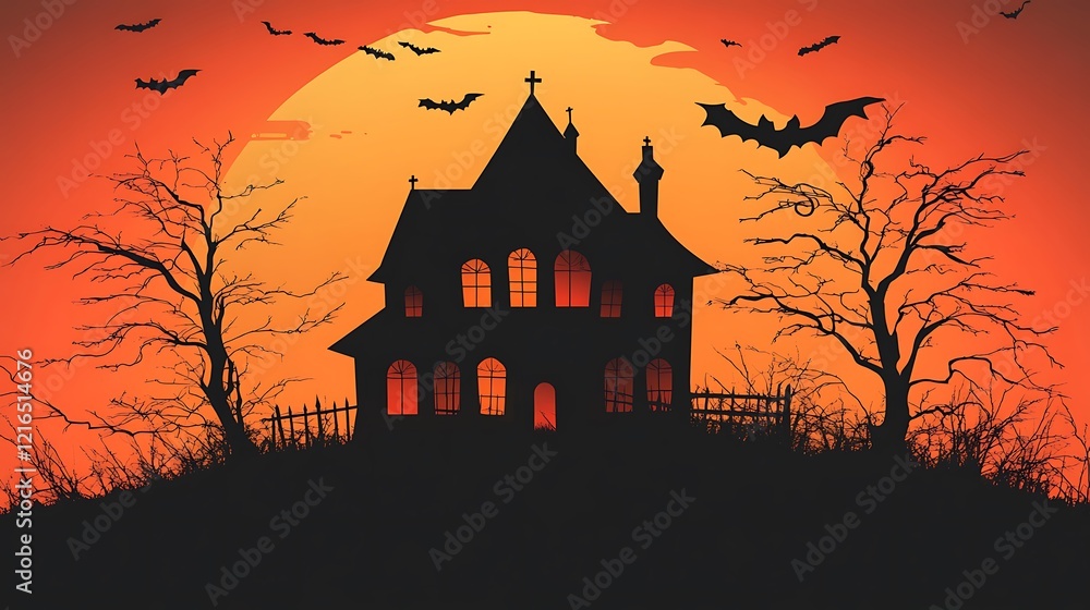 Haunted Mansion Silhouette Against Orange Sky With Bats Haunted Mansion Silhouette Against Orange Sky With Bats