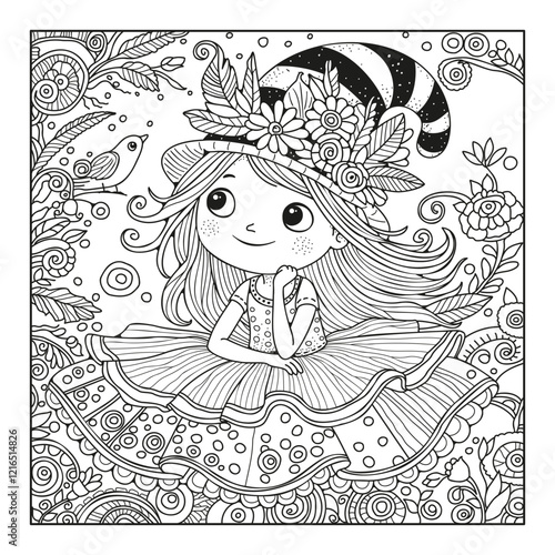 A girl in a hat sits among flowers, looks at a bird. Coloring for children and adults. Art therapy.