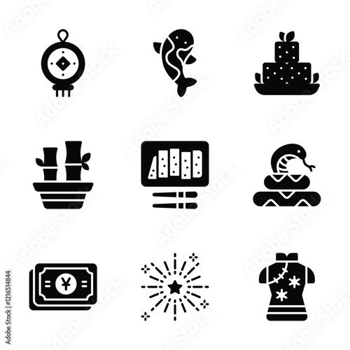 A set of icons, each representing a different aspect of Chinese culture and traditions.