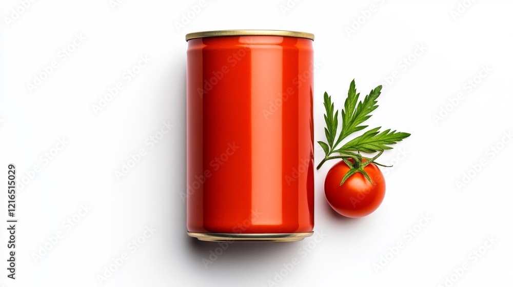 Can of tomato soup with a tomato and green leaf isolated on white background. Generative AI