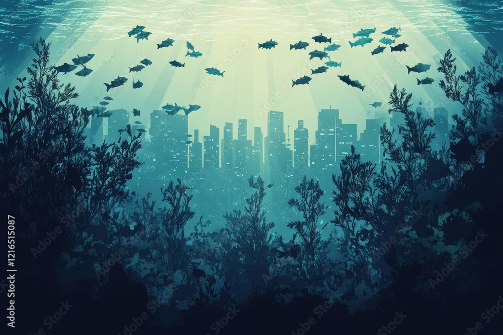 Fototapeta premium Underwater Cityscape Featuring Fish and Aquatic Plants