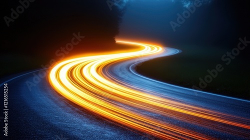 Curved road at night with dynamic light trails through forest