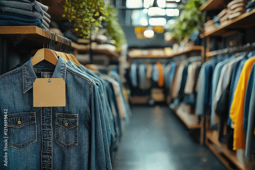 Obraz premium Explore the collection of faded blue jeans with a blank leather label in a trendy fashion store showcasing contemporary styles