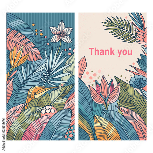 Greeting card design with tropical flowers and leaves.