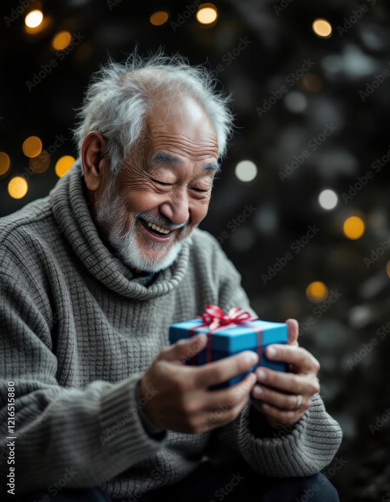 Elderly asian man joyfully holding a gift box in festive holiday setting Elderly asian man joyfully holding a gift box in festive holiday setting