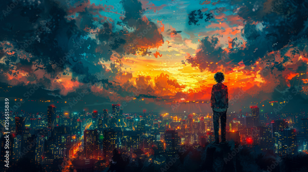 Fototapeta premium A lonely teenager against the backdrop of a modern night city lit by lights. Copy space for text.