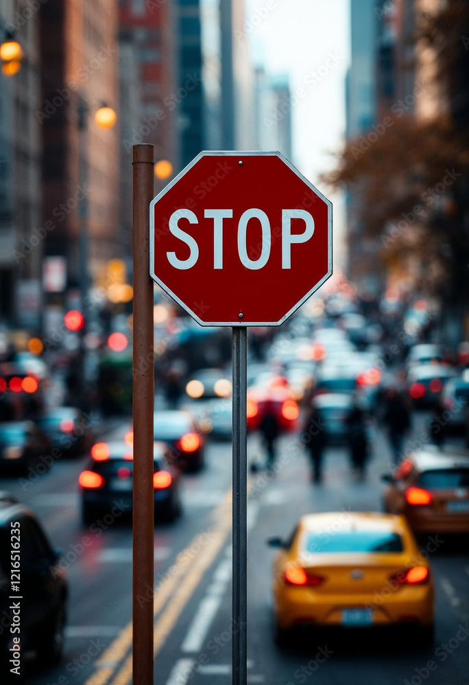 A stop sign in sharp focus amidst bustling city traffic, highlighting urban energy.