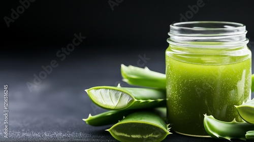 A close-up of a jar filled with aloe vera gel, accompanied by freshly sliced aloe leaves, placed on a dark textured surface, highlighting natural skincare and hydration benefits