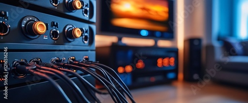 Home theater equipment setup with cables, sunset TV