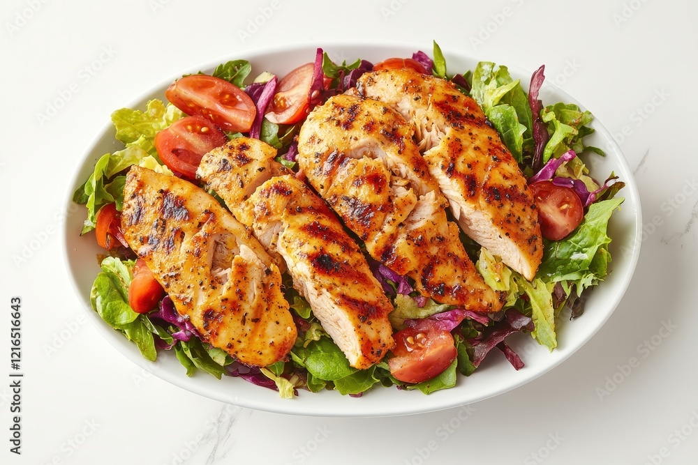 Grilled chicken salad, white bowl, marble, healthy meal, food photography Grilled chicken salad, white bowl, marble, healthy meal, food photography