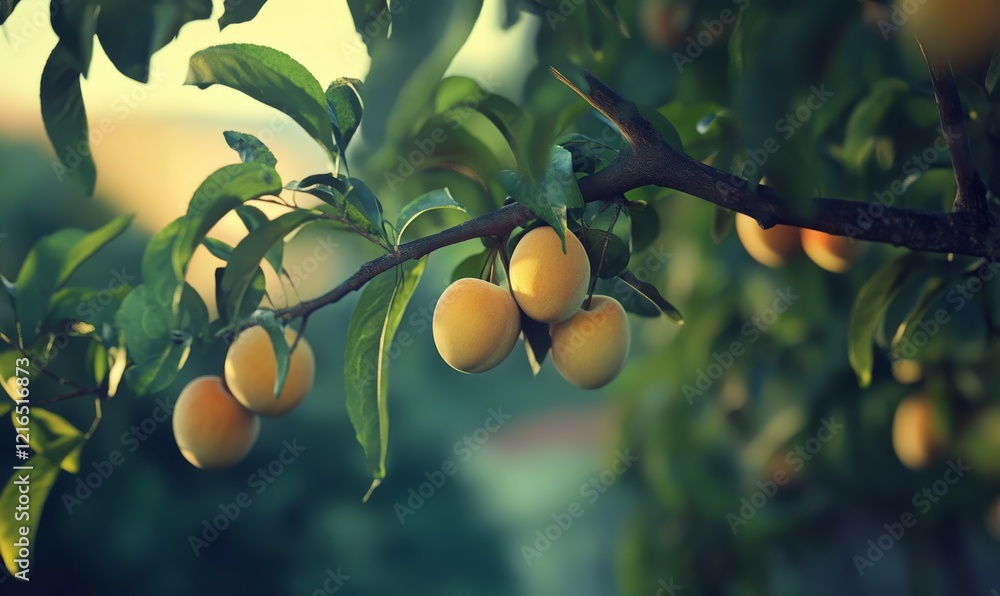 Fragrant peaches hanging on tree branch with orchard background in forced perspective Fragrant peaches hanging on tree branch with orchard background in forced perspective