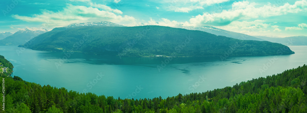 Panoramic view from above of the Innvikfjorden near Stryn in daylight, Norway, Europe