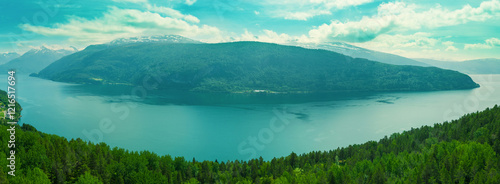 Obraz na płótnie Panoramic view from above of the Innvikfjorden near Stryn in daylight, Norway, Europe w salonie