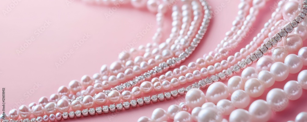 Elegant display of various pearl necklaces arranged on a soft pink background Elegant display of various pearl necklaces arranged on a soft pink background