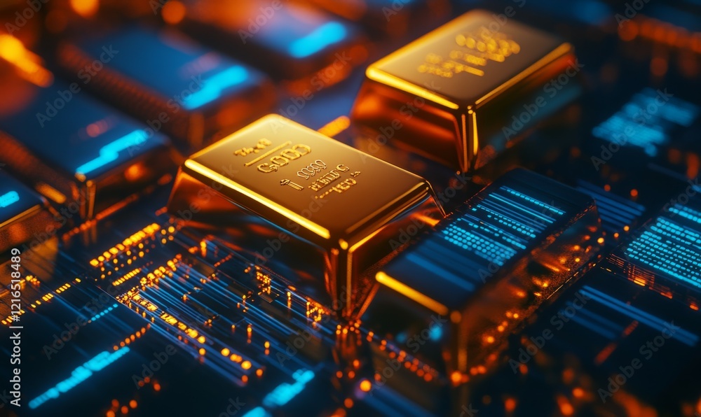 Gold Bars Resting on a Blue and Orange Digital Display Gold Bars Resting on a Blue and Orange Digital Display