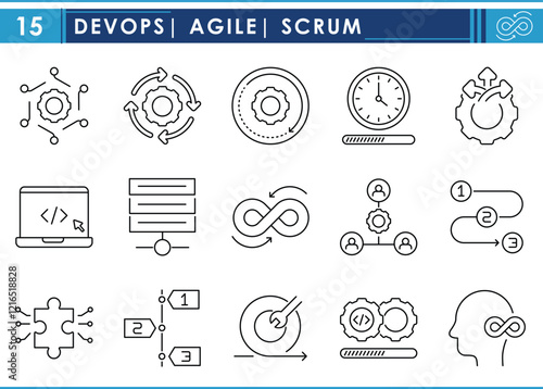 A set of line icons related to Devops, agile, scrum. Plan, process, setup, development, users, action, time, direction, and so on. Vector editable stroke.
