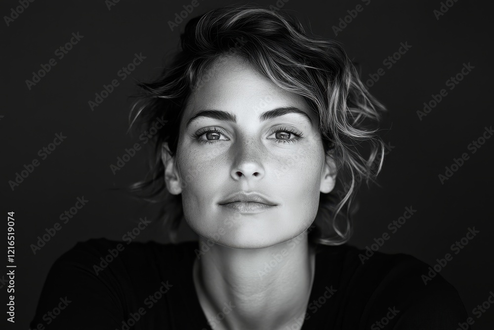 In this powerful portrait, a confident female figure is captured with a strong gaze and distinctive hairstyle, showcasing her natural beauty in monochrome tones. In this powerful portrait, a confident female figure is captured with a strong gaze and distinctive hairstyle, showcasing her natural beauty in monochrome tones.