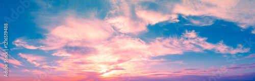 Colorful cloudy sky at sunset. Gradient color. Sky texture. Abstract nature background. Horizontal banner
