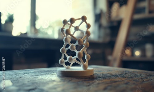 Fototapeta Naklejka Na Ścianę i Meble -  High angle view of a 3D printed DNA structure on an old vintage table, with blurred background and space for text