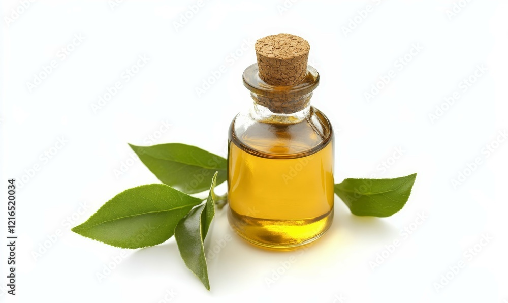 High angle view of tea tree oil bottle on white background High angle view of tea tree oil bottle on white background