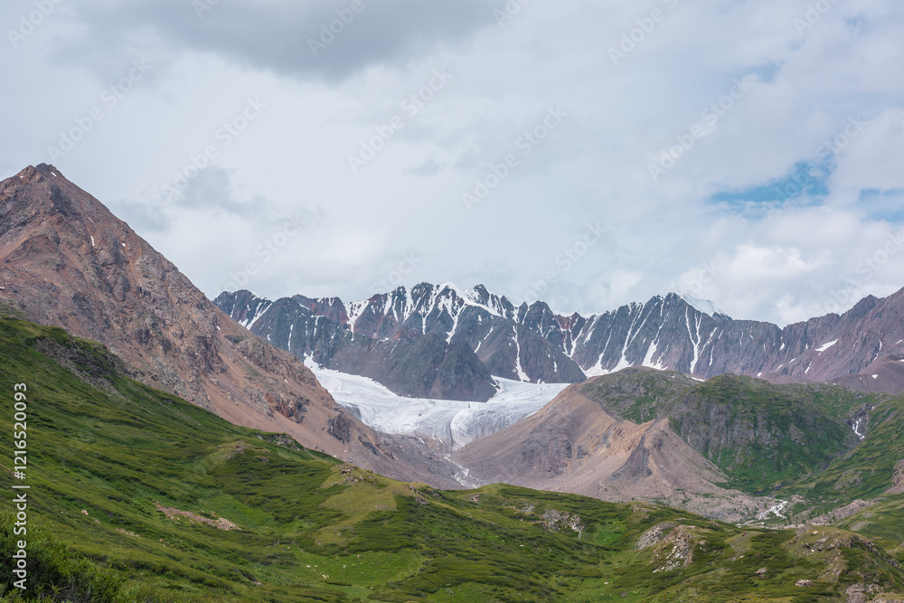 Obraz premium Scenic landscape of green alpine valley. Lush flora on hills and rocks with view to big glacier and large snow mountain range far away under gray cloudy sky. Awesome mountains in changeable weather.