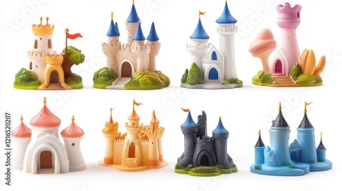 A collection of toy castles isolated on a white background. Generative AI