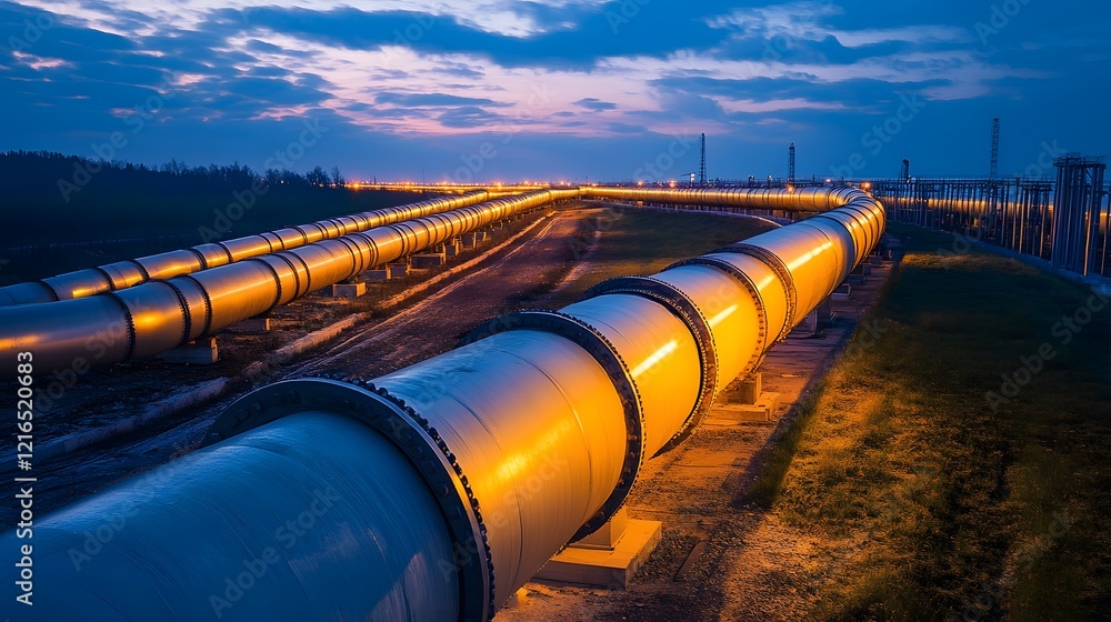A long line of yellow pipes are lit up at night. The scene is dark and moody, with the yellow pipes standing out against the black sky. Concept of industrial activity A long line of yellow pipes are lit up at night. The scene is dark and moody, with the yellow pipes standing out against the black sky. Concept of industrial activity