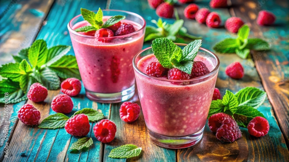 Double exposure captures vibrant raspberry mint smoothie; a refreshing summer escape. Double exposure captures vibrant raspberry mint smoothie; a refreshing summer escape.