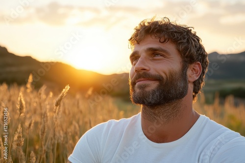 A man reflects thoughtfully while enjoying the breathtaking sunset in a serene open field, capturing the essence of introspection and connection with nature's beauty.