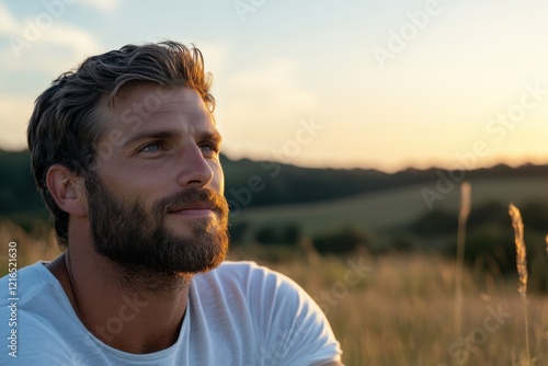 A man admires the stunning glow of a sunset, filled with thoughts of life and nature, representing moments of peace, introspection, and connection to the beauty around us. photo