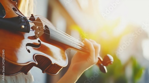 Warm Golden Sunlight Violin Player Outdoor Musical Instrument