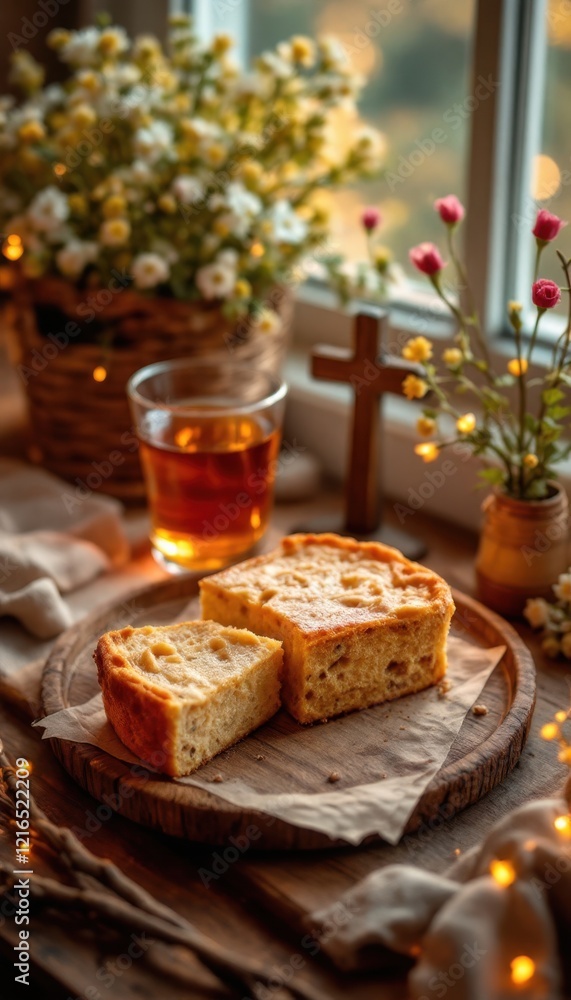Warm rustic bread and tea on wooden table by window with floral decor Warm rustic bread and tea on wooden table by window with floral decor