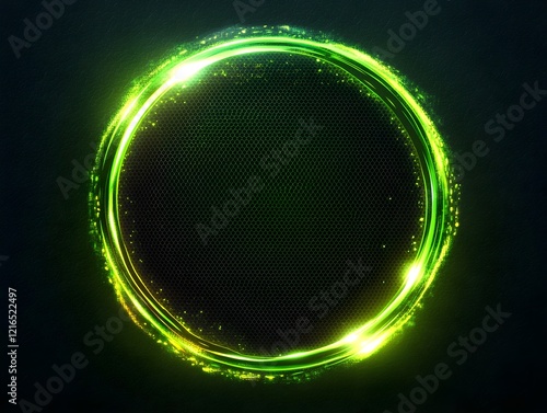 Neon green circle frame on a dark background.