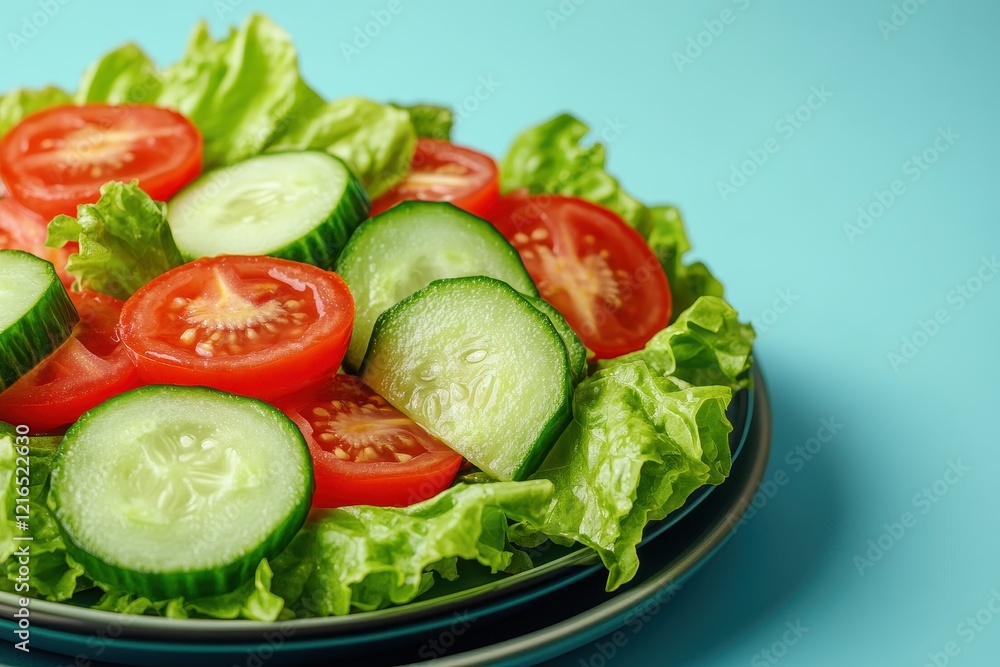 Fresh tomato cucumber salad, green background, healthy eating, recipe Fresh tomato cucumber salad, green background, healthy eating, recipe