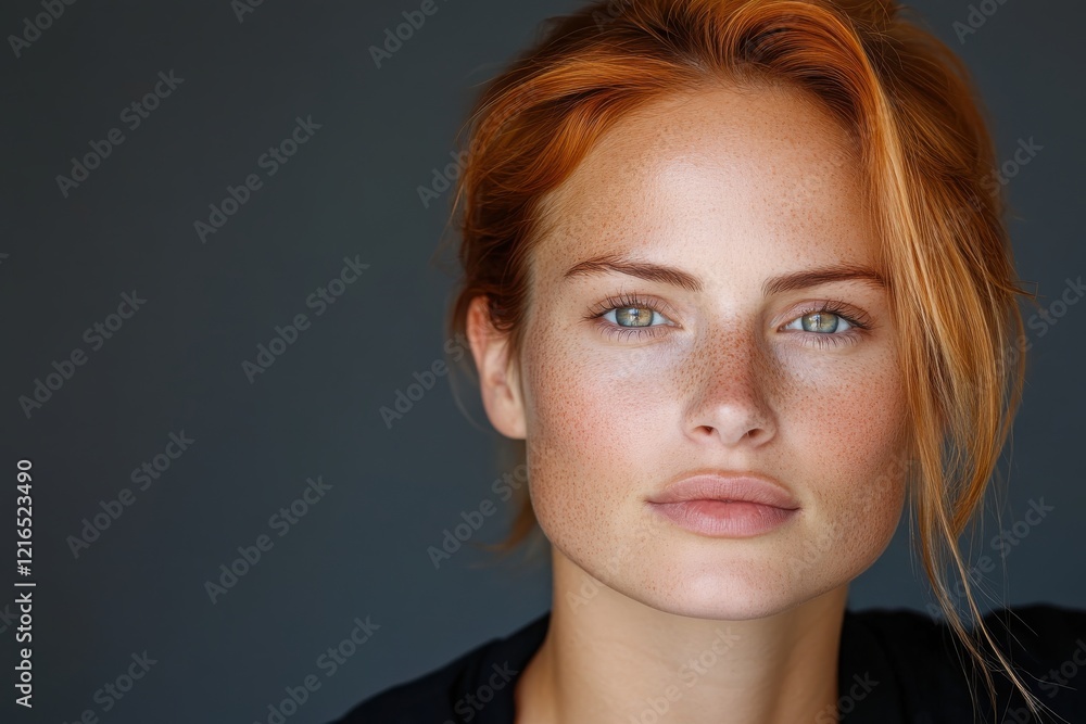 Showcasing a striking redhead with freckles and a confident expression, this image captures the essence of beauty and warmth against a contrasting dark background. Showcasing a striking redhead with freckles and a confident expression, this image captures the essence of beauty and warmth against a contrasting dark background.