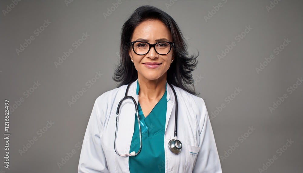 Happy Indian Female Doctor Pointing at Copy Space - Medical Professional