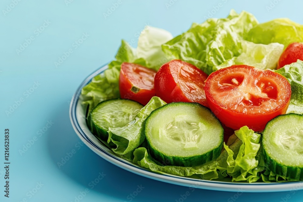 Fresh salad, cucumbers, tomatoes, lettuce, blue background, healthy food, recipe Fresh salad, cucumbers, tomatoes, lettuce, blue background, healthy food, recipe