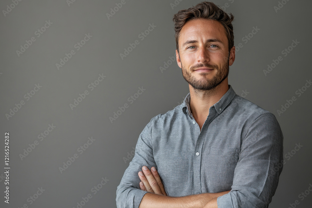 Man with arms crossed, looking at camera. Bright background, casual attire, confident expression. Man with arms crossed, looking at camera. Bright background, casual attire, confident expression.
