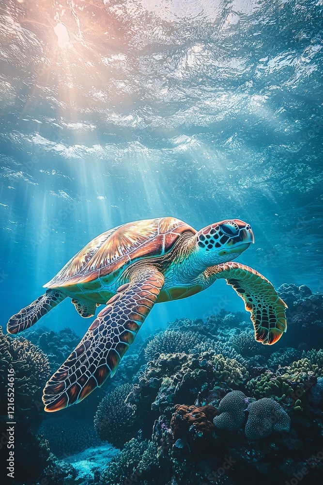 Fototapeta premium Diver swimming alongside a giant sea turtle near a coral reef, with sunlight streaming through the clear blue water