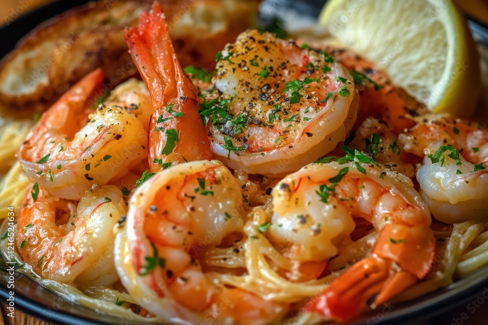 Garlic Shrimp Pasta Lemon Bread Closeup Garlic Shrimp Pasta Lemon Bread Closeup