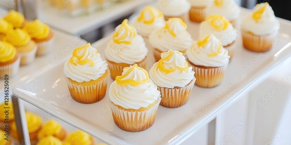 Cupcakes with lemon cream and yellow swirls, on a white plate at party food station Cupcakes with lemon cream and yellow swirls, on a white plate at party food station