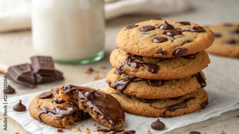 Delicious stack of chocolate chip cookies with melted chocolate and milk Delicious stack of chocolate chip cookies with melted chocolate and milk