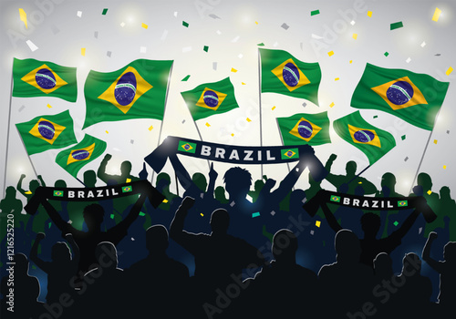 Silhouettes Crowd of People Brazil Waving Brazil Flag