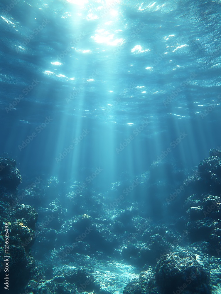 Fototapeta premium Sunbeams illuminate underwater ocean floor.