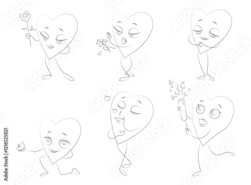 Vector black and white set of isolated characters of loving hearts on a white background: giving a flower, guessing on a daisy, hugging, blowing kisses, proposing marriage, with clapperboard festive.