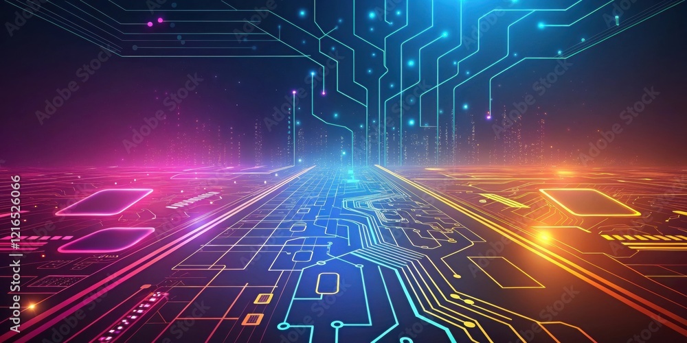 Obraz premium Futuristic Circuit Board, Digital Tech Background - Neon