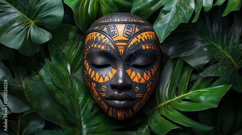 Handcrafted African wooden mask surrounded by lush green foliage showcasing cultural artistry photo