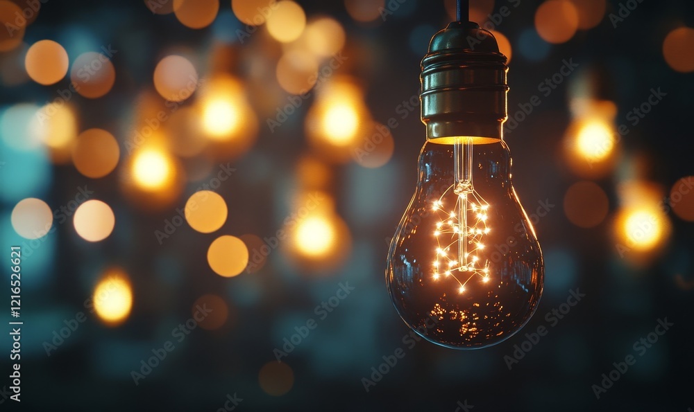 Illuminated Light Bulb Network in Dark Space Symbolizing Creativity and Innovation for Business Growth with Glowing Bokeh Effect, Generative AI Illuminated Light Bulb Network in Dark Space Symbolizing Creativity and Innovation for Business Growth with Glowing Bokeh Effect, Generative AI