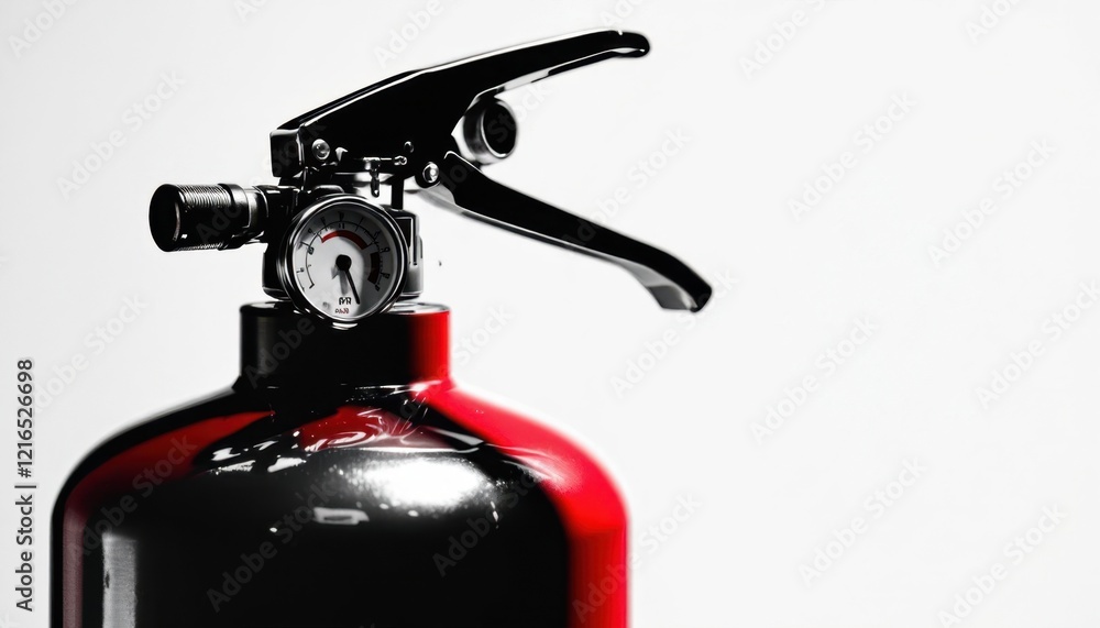 Close-up of red fire extinguisher with pressure gauge and handle on white background Close-up of red fire extinguisher with pressure gauge and handle on white background